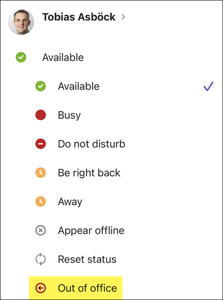 out of office on teams mobile