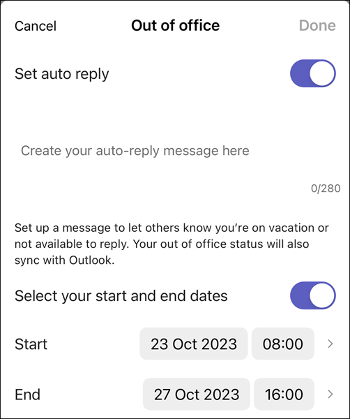 out of office message in teams mobile