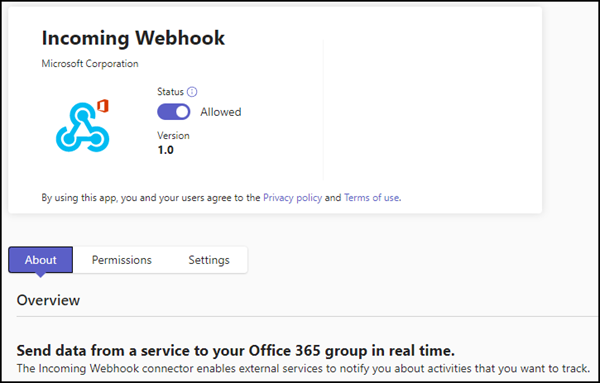 Incoming Webhook App im Teams Admin Center