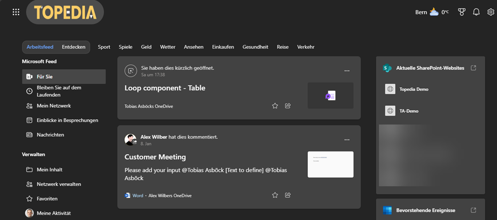 Arbeits-Feed im neuen Edge-Tab