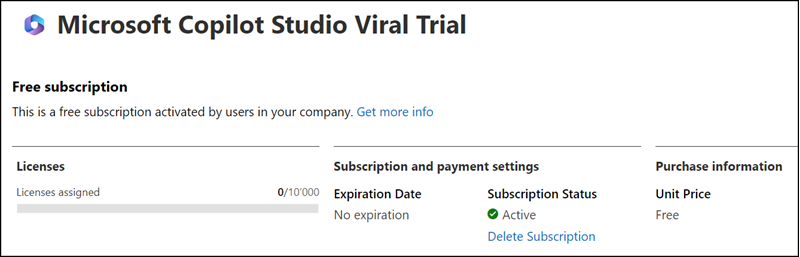 Trial license for Copilot Studio Viral Trial was activated