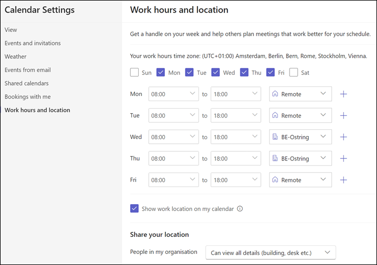 Calendar settings (known from Outlook on the web)