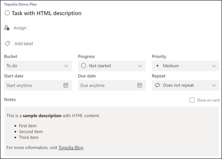 How do I update a Planner task description in HTML format using ...