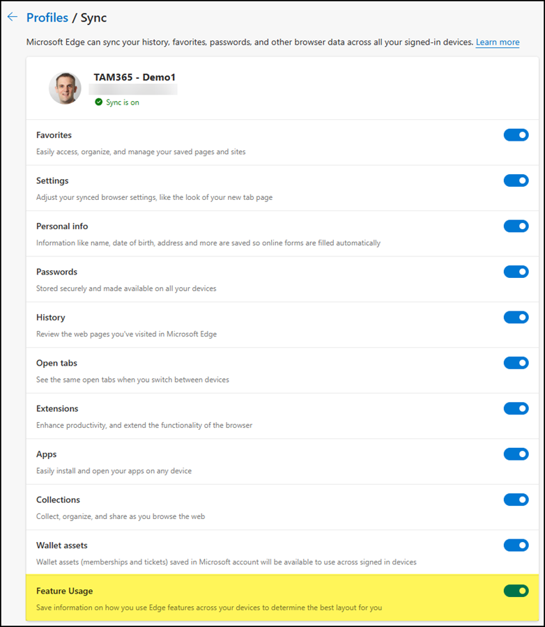 Feature Usage sync type in Edge 135 stable release