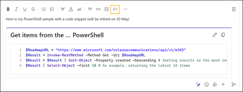 Code snippets feature for Teams chats and channels will be retired