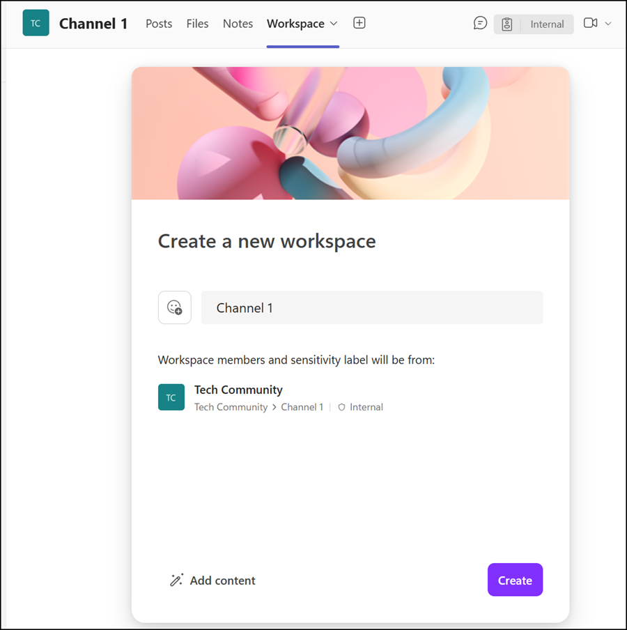 Create a new shared group workspace, connected to a Teams channel