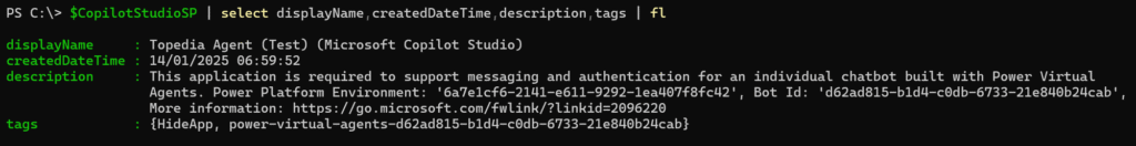 Service principal description includes the Power Platform environment