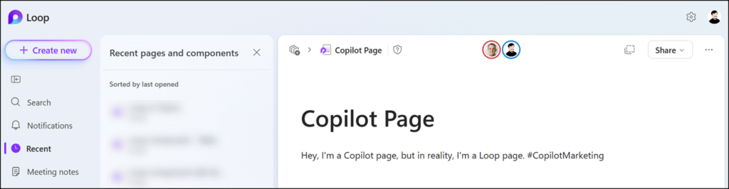 The shared page was opened in Loop on the web