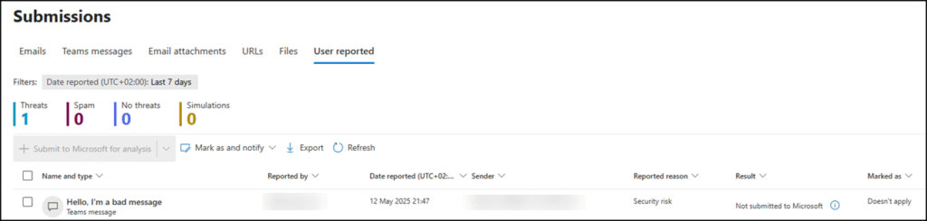 User reported messages in Microsoft Defender