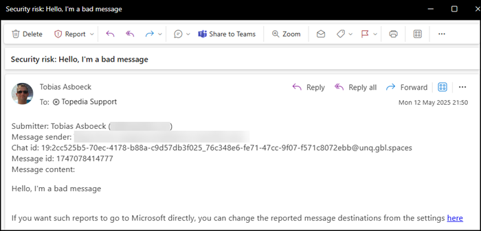 Email alert about a reported message