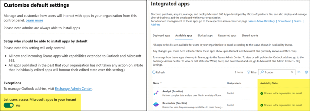 Frontier agents are available if you allow Microsoft apps