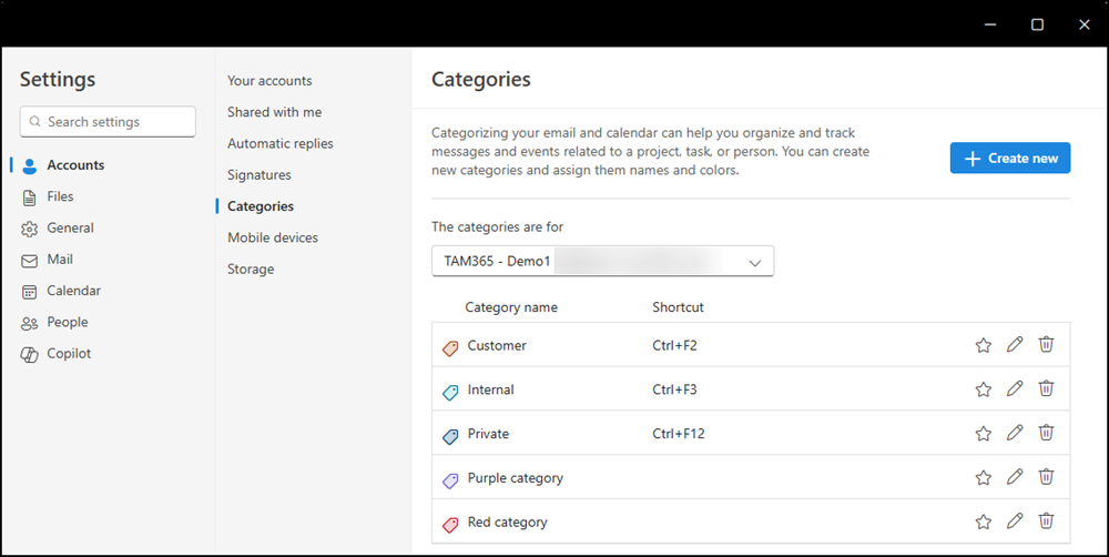 Shortcuts for categories in the new Outlook