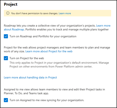 Microsoft project settings in M365 admin center