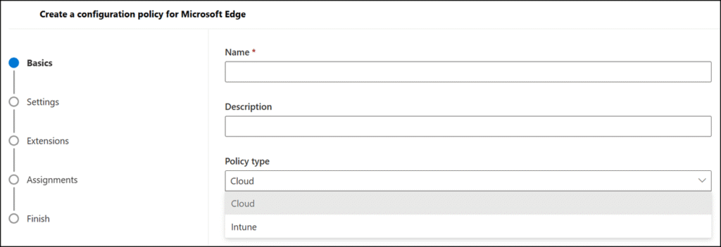 Creating a new Edge policy in Edge Management Service or Intune