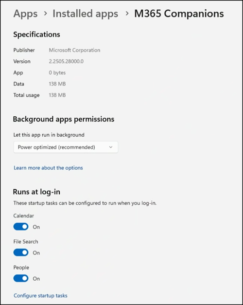 M365 Companion apps in installed apps