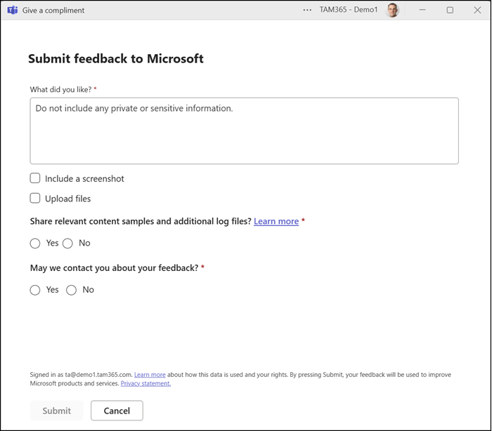 Sending feedback to Microsoft