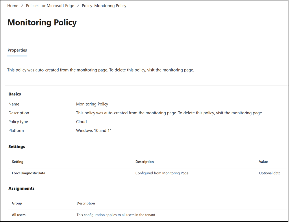 Preconfigured policy from the monitoring dashboard