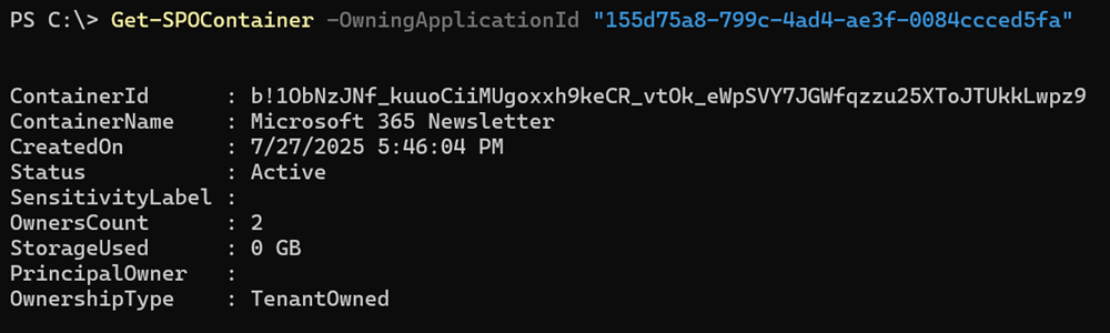 List all Outlook Newsletter containers with SharePoint Online PowerShell