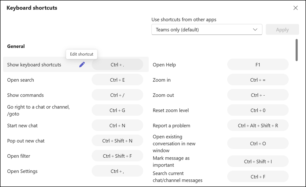 Edit the keyboard shortcuts for the Teams client