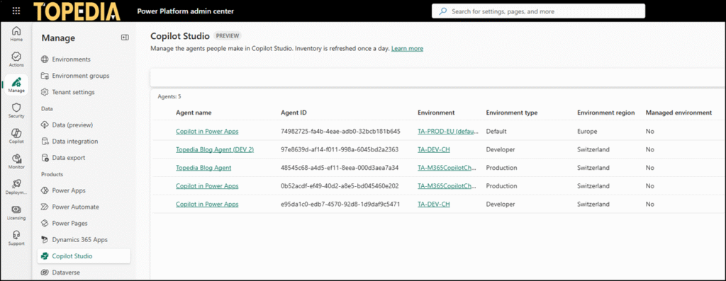 Copilot Studio Agent Inventory page