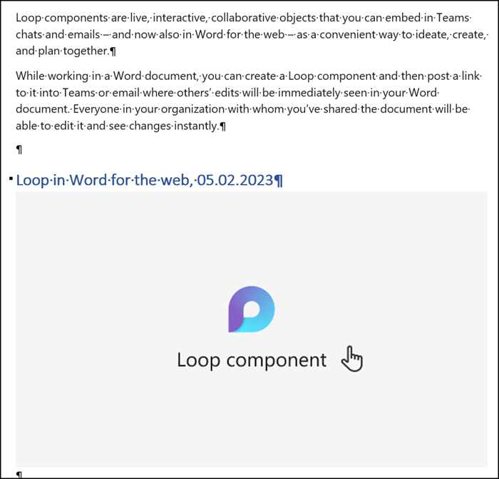 Loop component as a read-only placeholder in the Word desktop app