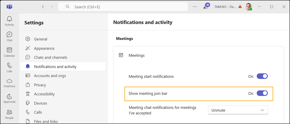 Turn off the meeting join bar in the Teams notification settings