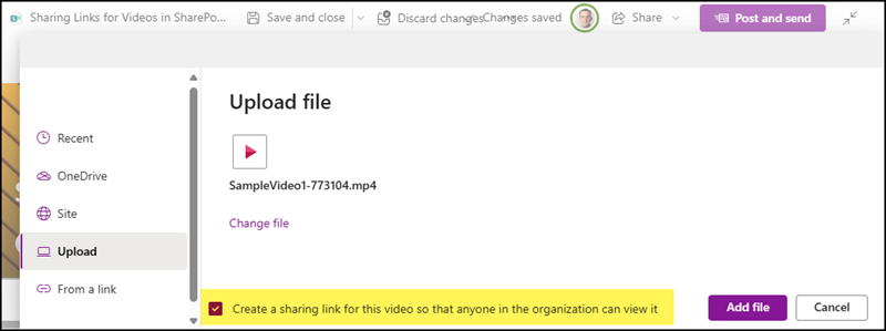 "Create a shareable link for this video?" when uploading a new video file
