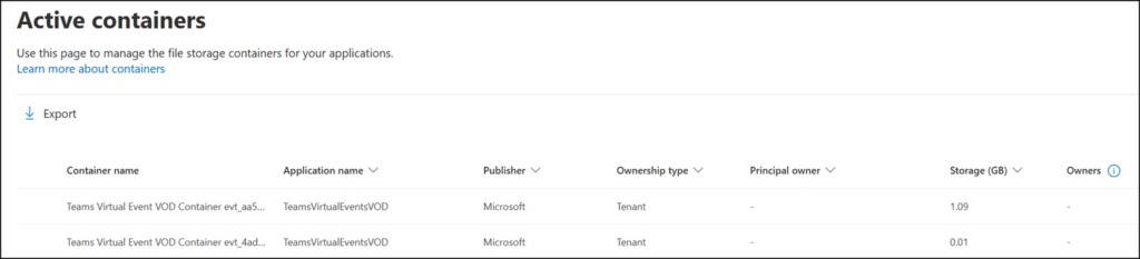 TeamsVirtualEventsVOD containers in SharePoint admin center