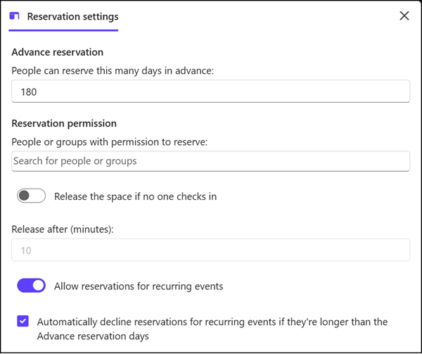 Edit reservation settings for desks