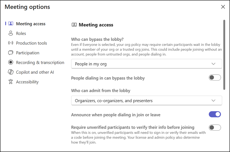 Classic meeting options in Teams