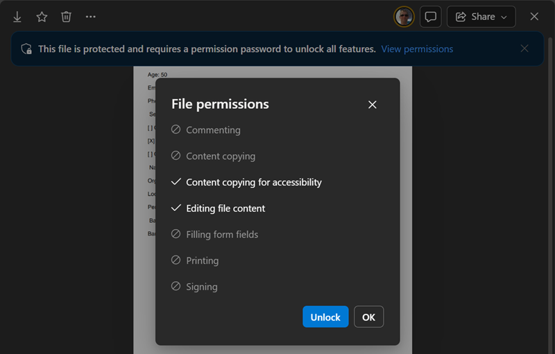 Protection is enabled in a PDF document