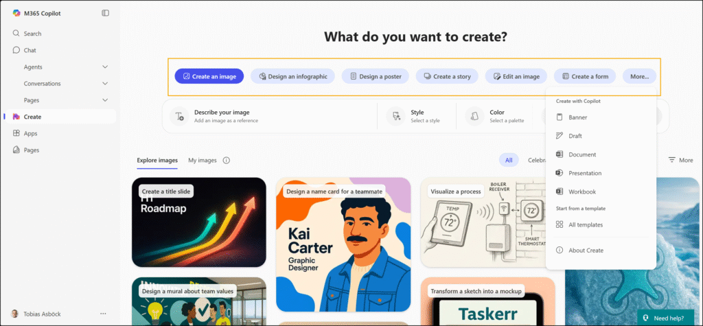 Screenshot of the Microsoft 365 Copilot Create experience