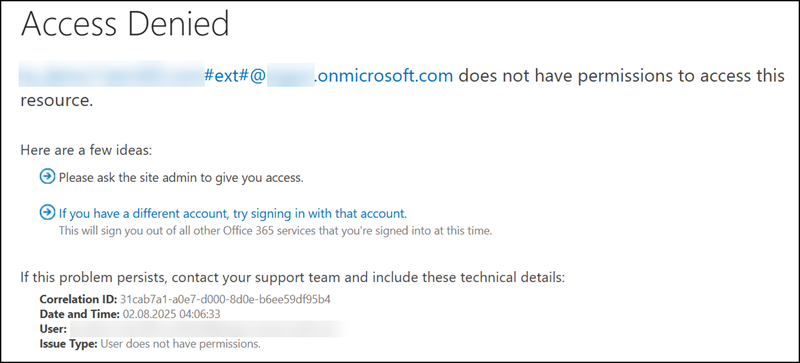 Missing permissions for the associated SharePoint site