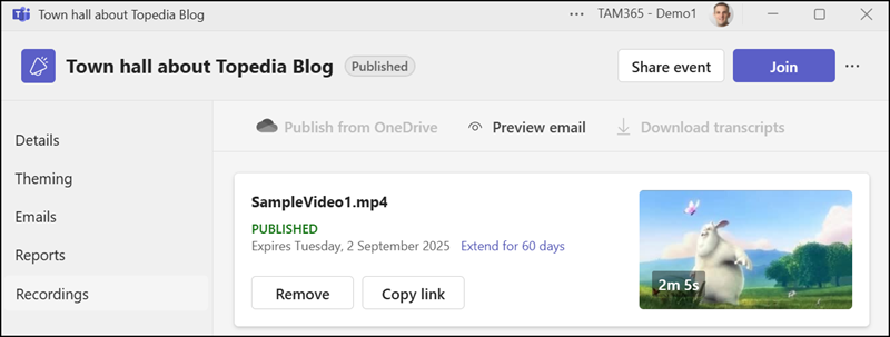Once the video expires/is unpublished, the container is automatically deleted