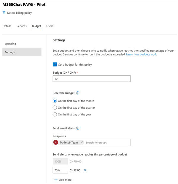 Configure a budget for the PAYG billing policy