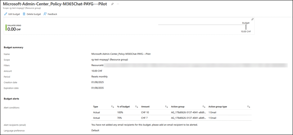 Microsoft 365 PAYG budget in Azure