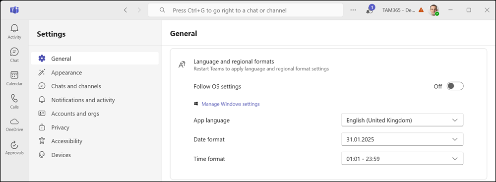 Custom regional settings in Teams for Windows