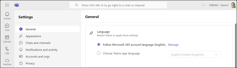 Language settings in Teams for the web