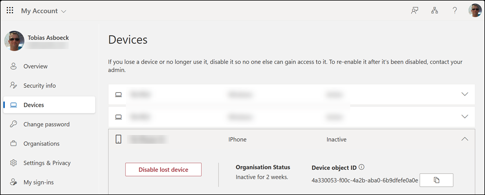 Device list in My Account