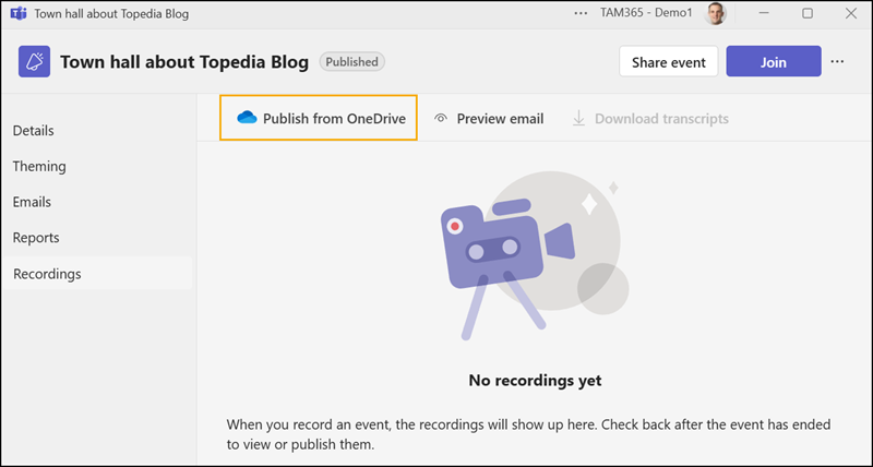 Publish a video stored in OneDrive
