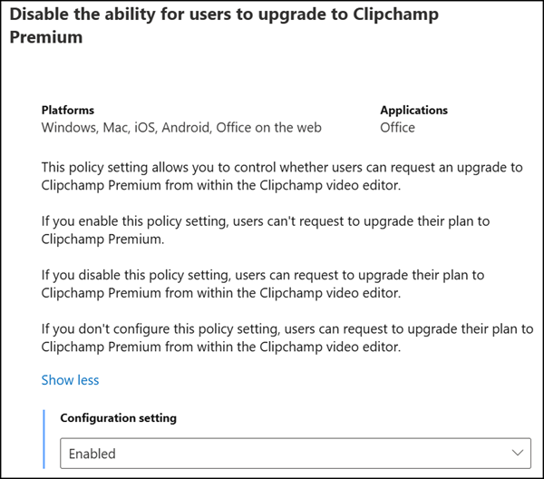 Disable the ability for users to upgrade to Clipchamp Premium