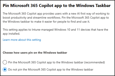 New setting to pin the Microsoft 365 Copilot app to the Windows taskbar