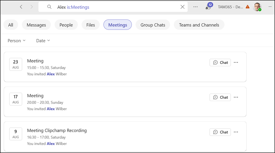 Meeting search results