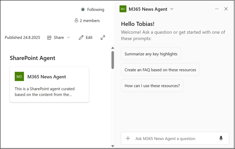 Chat with the SharePoint Agent while staying on the same page