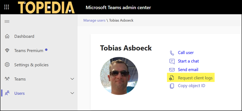 Request client logs option in Teams admin center
