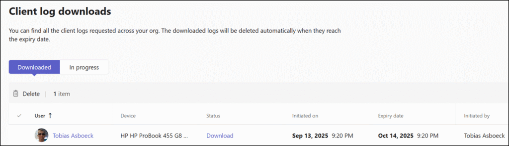 Download Teams client logs for 30 days