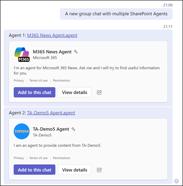 Multiple SharePoint Agents in Teams group chat