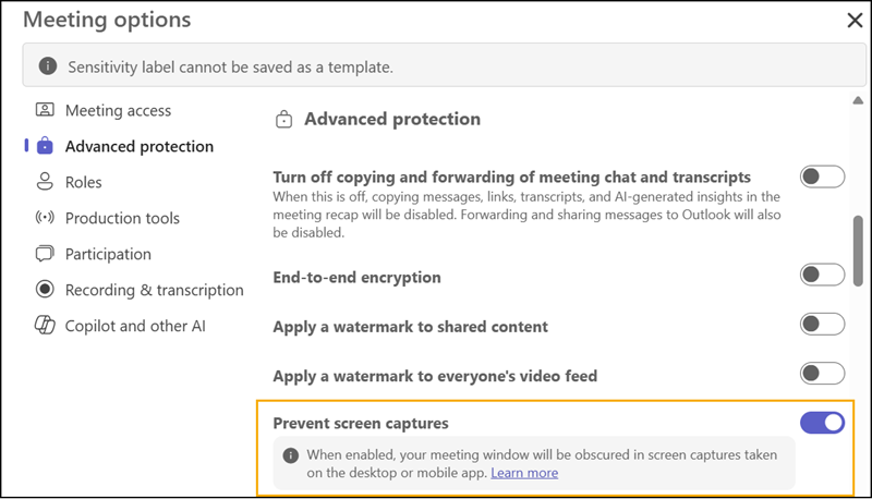 Prevent screen captures for organizers with a Teams Premium license