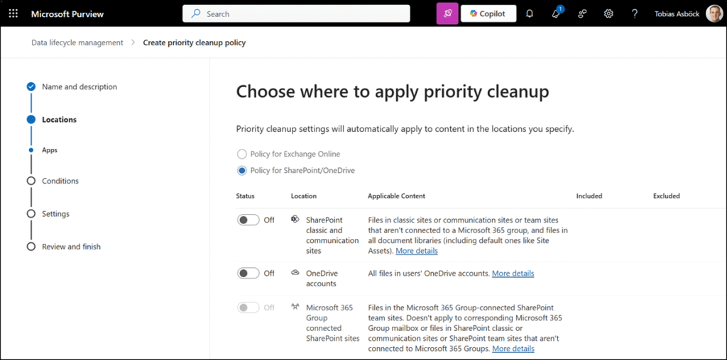 Accounts with the Priority Cleanup Admin role can now create new policies for SharePoint and OneDrive