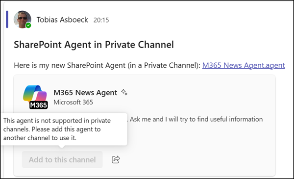 Private channels are not yet supported for SharePoint Agents